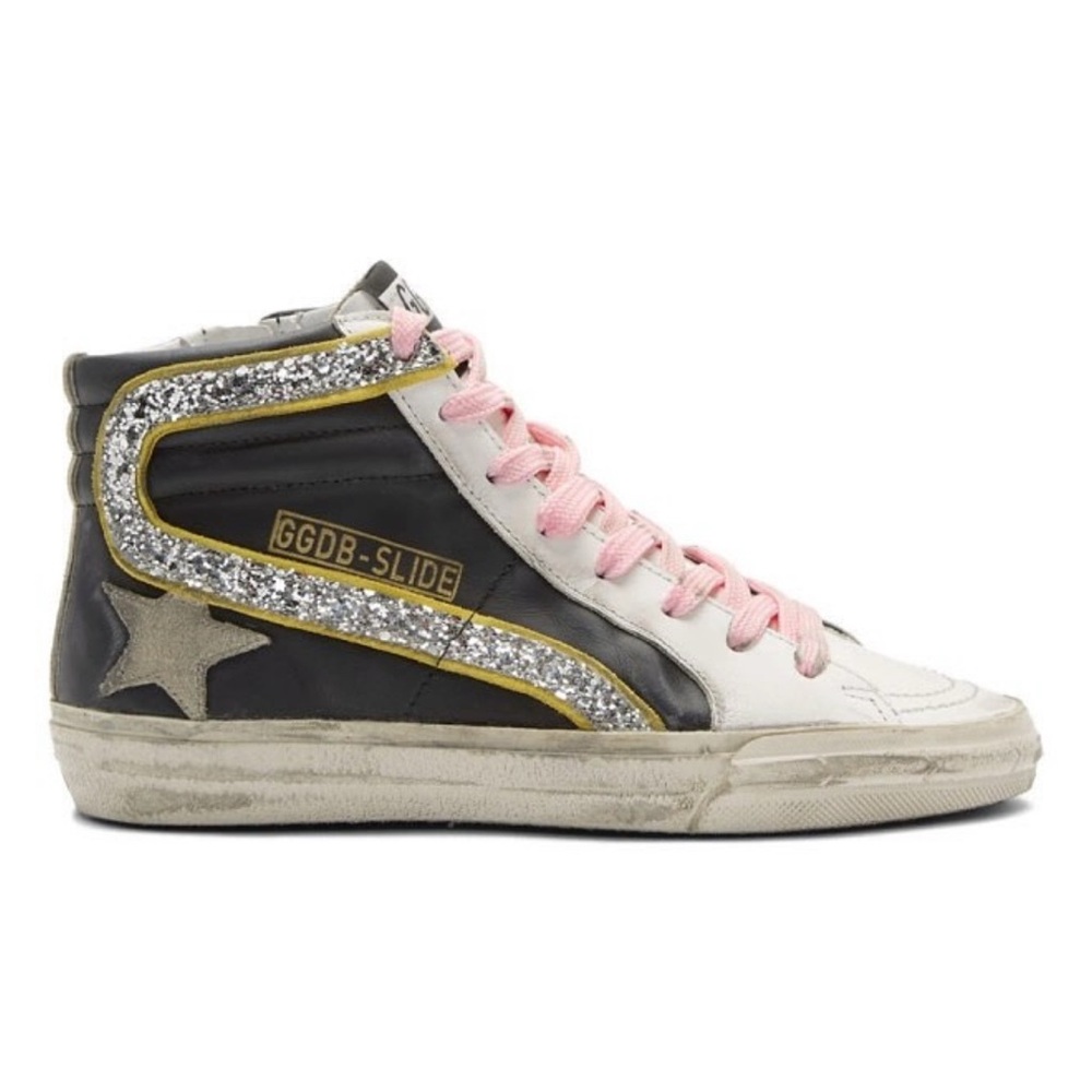 Golden Goose Black and White Glitter Flash Slide High-Top Sneakers size 40